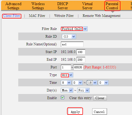 说明: //www.tendacn.com/userfiles/WordToHtml/Function configurations/W3000R-How to limit the computer in the lan to access the Internet through client Filter .files/image004.png